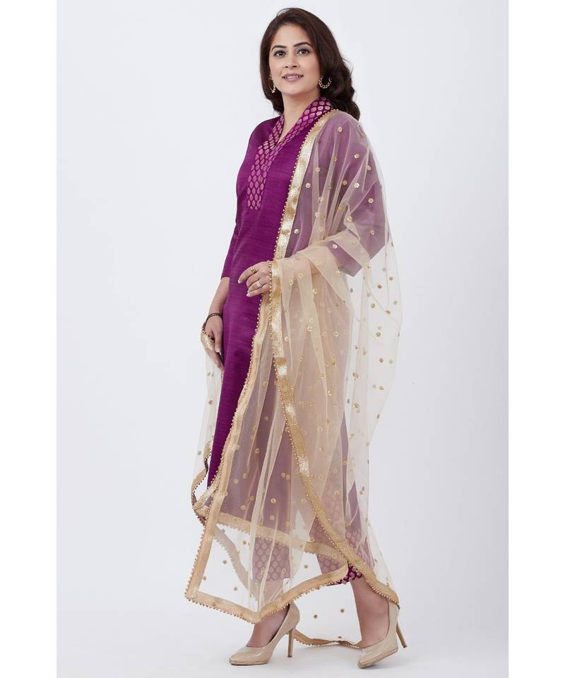 Purple Kurti and Brocade Straight Pants with Gold Net Sequins Dupatta