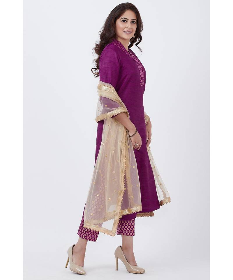 Purple Kurti and Brocade Straight Pants with Gold Net Sequins Dupatta