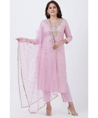 purple Badla Embroided Kurti with Straight Pants and Net Sequins Dupatta 1