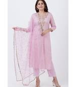 purple Badla Embroided Kurti with Straight Pants and Net Sequins Dupatta