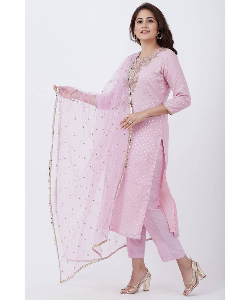 purple Badla Embroided Kurti with Straight Pants and Net Sequins Dupatta