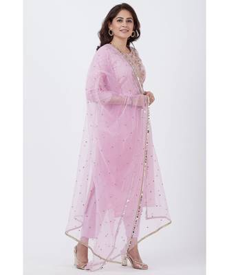 purple Badla Embroided Kurti with Straight Pants and Net Sequins Dupatta 3