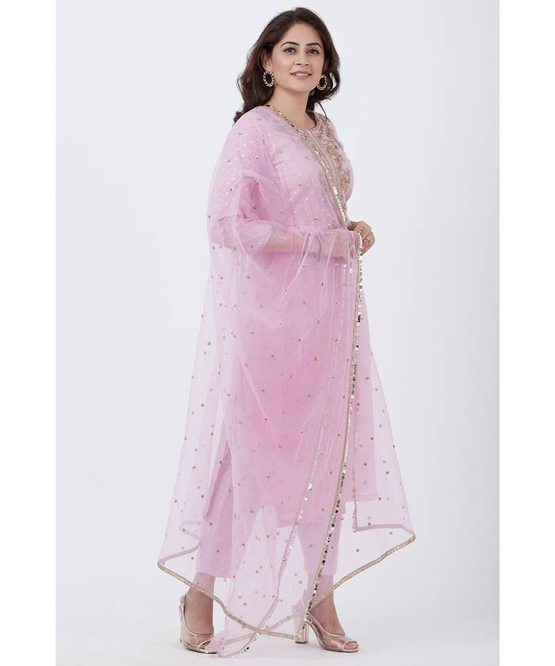 purple Badla Embroided Kurti with Straight Pants and Net Sequins Dupatta