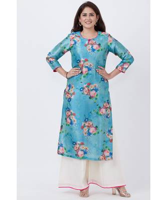 Sea Blue Floral Straight Kurti with Flared Palazzo 1