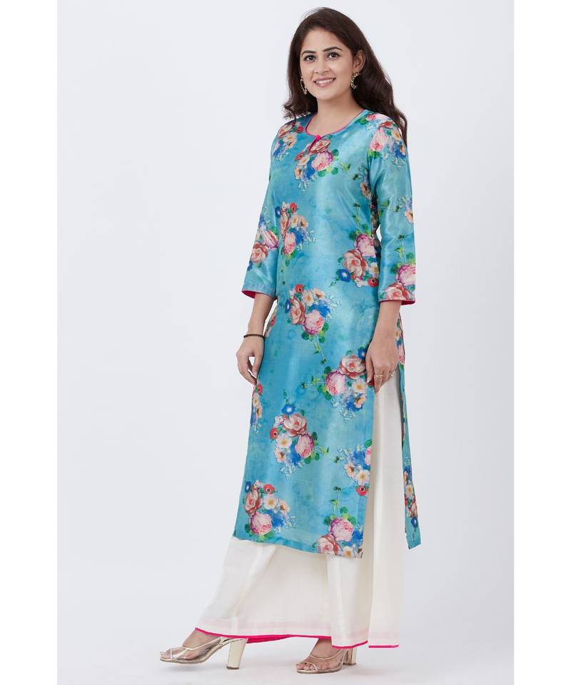 Sea Blue Floral Straight Kurti with Flared Palazzo