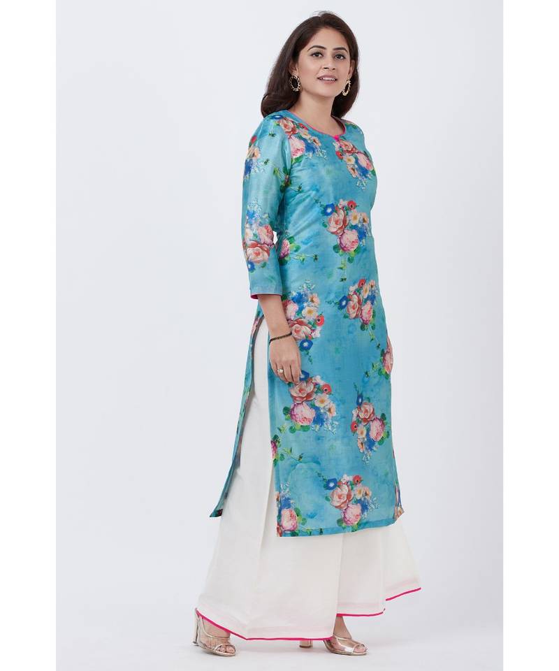 Sea Blue Floral Straight Kurti with Flared Palazzo