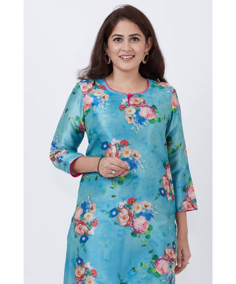 Sea Blue Floral Straight Kurti with Flared Palazzo