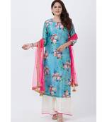Sea Blue Floral Straight Kurti with Flared Palazzo and Pink Mirror Stone Dupatta