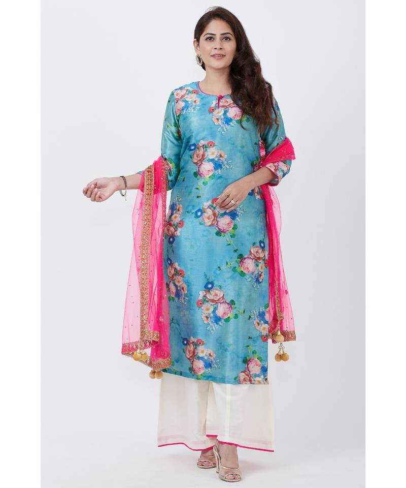 Sea Blue Floral Straight Kurti with Flared Palazzo and Pink Mirror Stone Dupatta