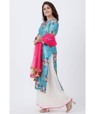 Sea Blue Floral Straight Kurti with Flared Palazzo and Pink Mirror Stone Dupatta 2