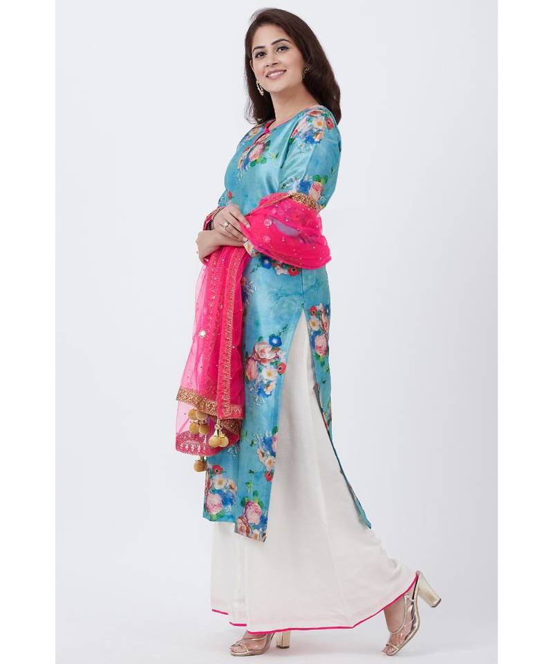Sea Blue Floral Straight Kurti with Flared Palazzo and Pink Mirror Stone Dupatta