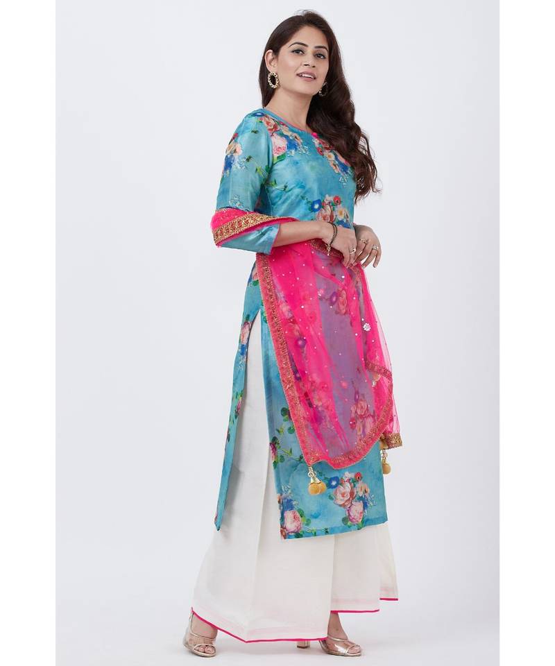 Sea Blue Floral Straight Kurti with Flared Palazzo and Pink Mirror Stone Dupatta