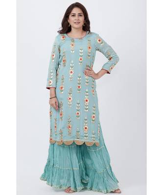 Blush Blue Gotta Embroidered Kurti with Crushed Gharara 1