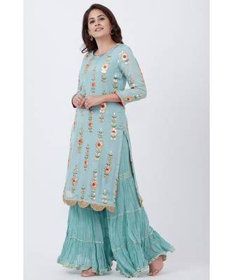 Blush Blue Gotta Embroidered Kurti with Crushed Gharara 2