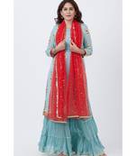 Blush Blue Gotta Embroidered Kurti with Crushed Gharara and Red Net Sequins Dupatta