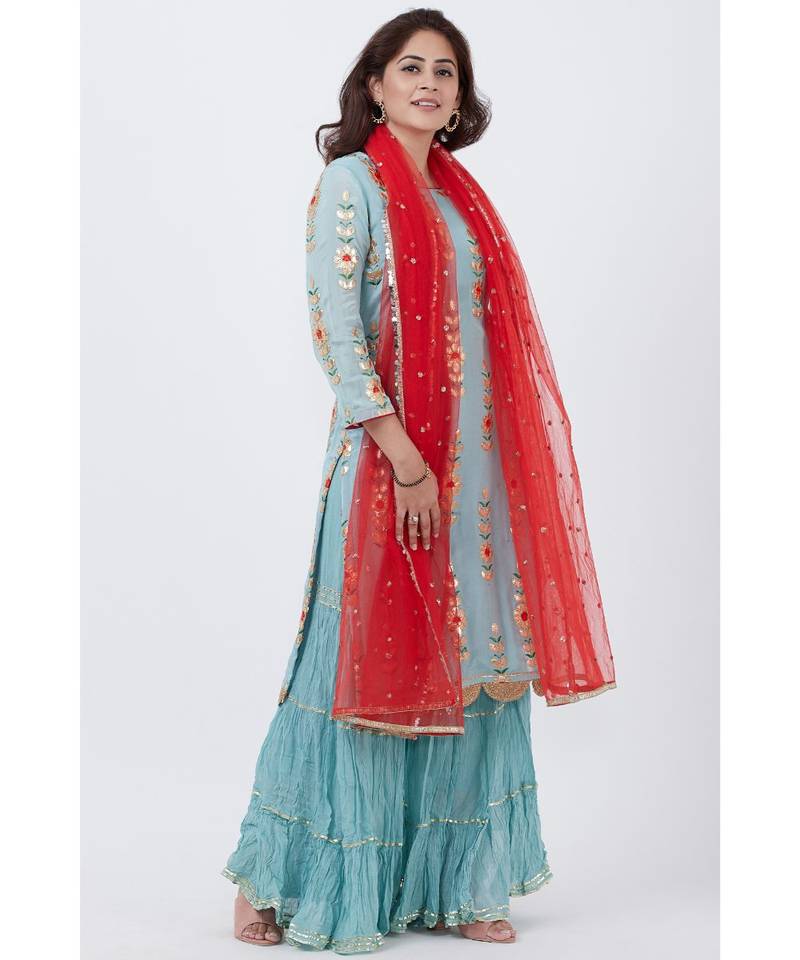 Blush Blue Gotta Embroidered Kurti with Crushed Gharara and Red Net Sequins Dupatta