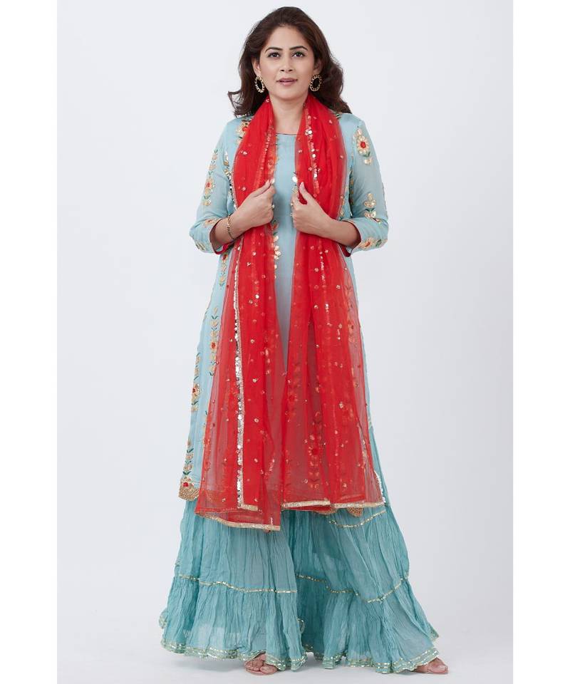 Blush Blue Gotta Embroidered Kurti with Crushed Gharara and Red Net Sequins Dupatta