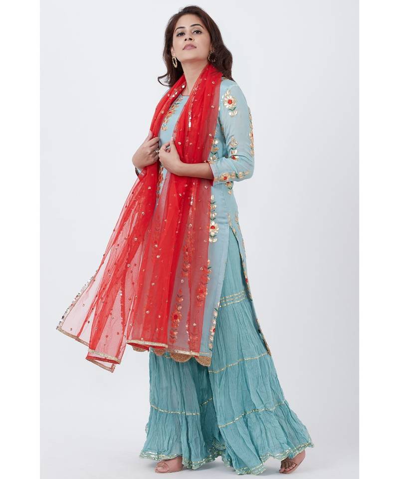 Blush Blue Gotta Embroidered Kurti with Crushed Gharara and Red Net Sequins Dupatta