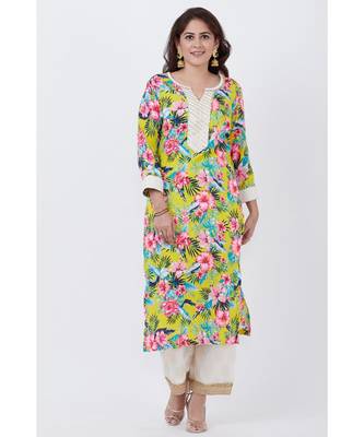 Yellow Floral Kurti with off white Foil Printed Palazzo 1