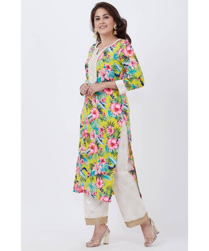 Yellow Floral Kurti with off white Foil Printed Palazzo