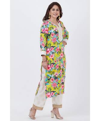 Yellow Floral Kurti with off white Foil Printed Palazzo 3