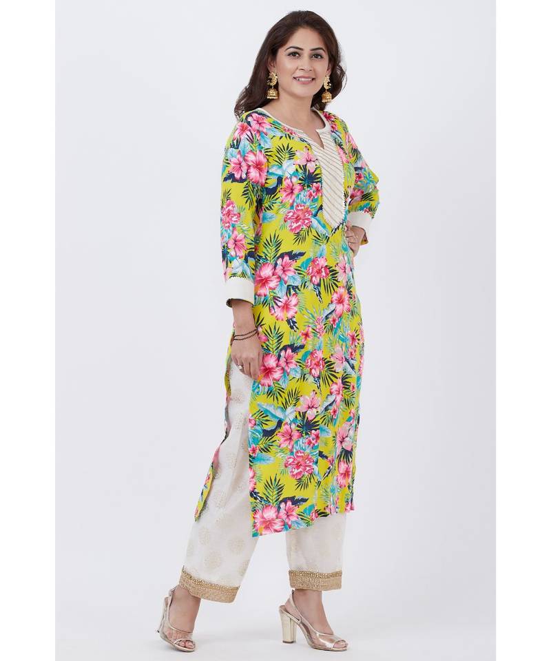 Yellow Floral Kurti with off white Foil Printed Palazzo