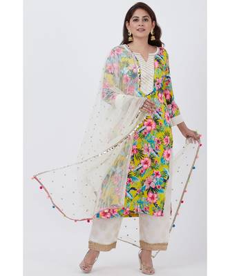 Yellow Floral Kurti with off white Foil Printed Palazzo and Net Sequins Dupatta 1
