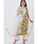 Yellow Floral Kurti with off white Foil Printed Palazzo and Net Sequins Dupatta
