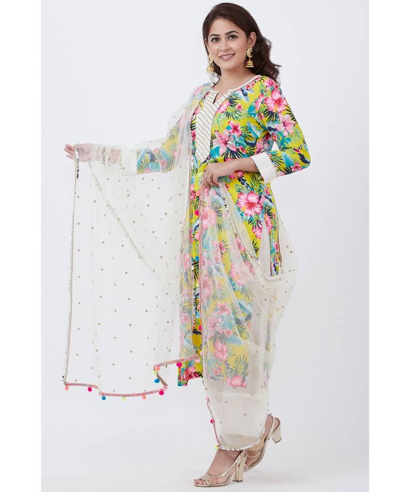 Yellow Floral Kurti with off white Foil Printed Palazzo and Net Sequins Dupatta
