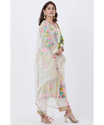 Yellow Floral Kurti with off white Foil Printed Palazzo and Net Sequins Dupatta 3