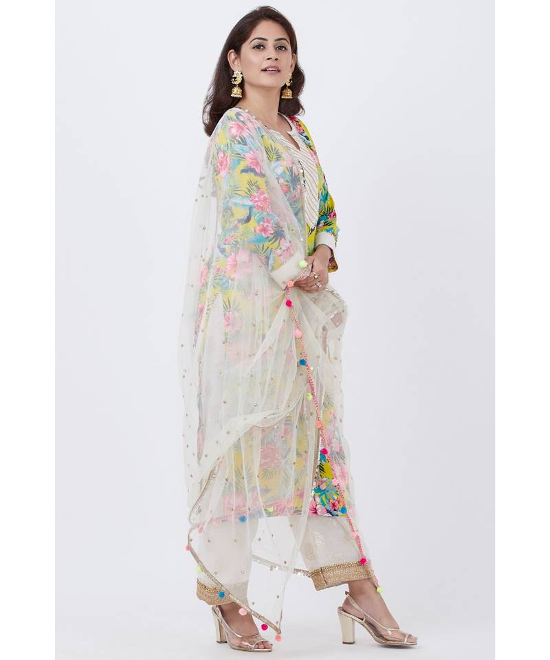 Yellow Floral Kurti with off white Foil Printed Palazzo and Net Sequins Dupatta