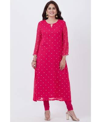 pink Embroided A-line Kurti with Churidar 1