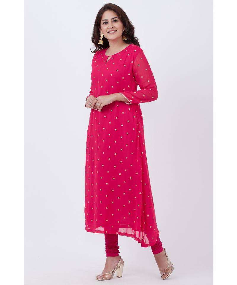 pink Embroided A-line Kurti with Churidar
