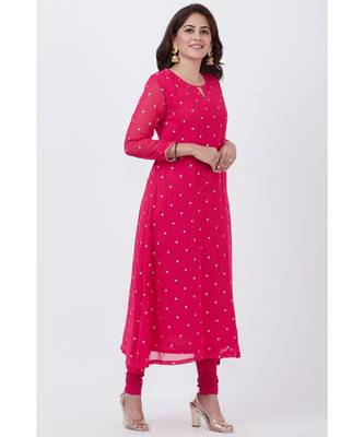 pink Embroided A-line Kurti with Churidar 3