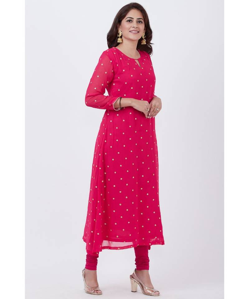 pink Embroided A-line Kurti with Churidar