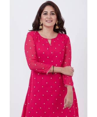 pink Embroided A-line Kurti with Churidar 4