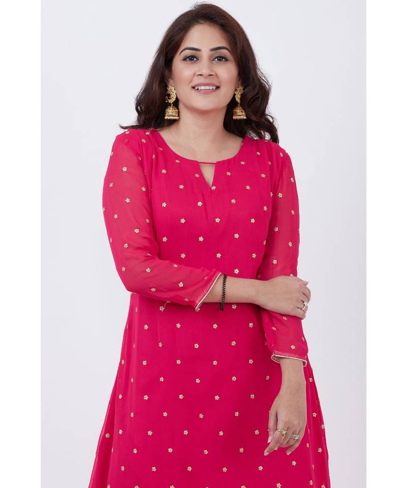 pink Embroided A-line Kurti with Churidar