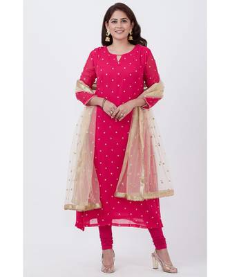 pink Embroided A-line Kurti with Churidar and Gold Net Sequence Dupatta 1