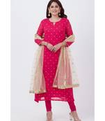 pink Embroided A-line Kurti with Churidar and Gold Net Sequence Dupatta