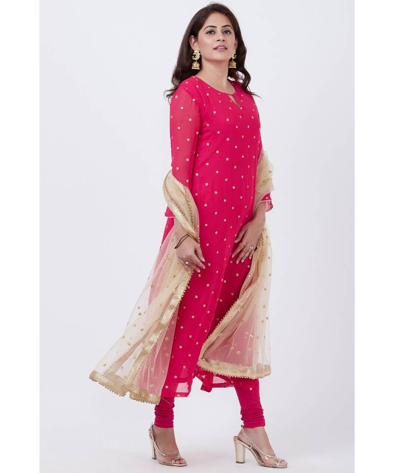 pink Embroided A-line Kurti with Churidar and Gold Net Sequence Dupatta
