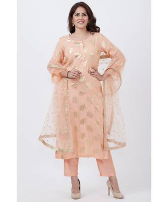Peach Floral Foil Print Kurti with Straight Pants and Net Sequins Dupatta 1