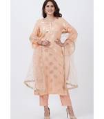 Peach Floral Foil Print Kurti with Straight Pants and Net Sequins Dupatta