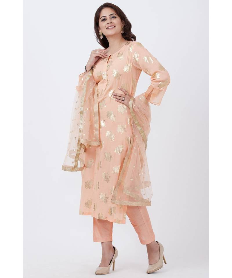 Peach Floral Foil Print Kurti with Straight Pants and Net Sequins Dupatta