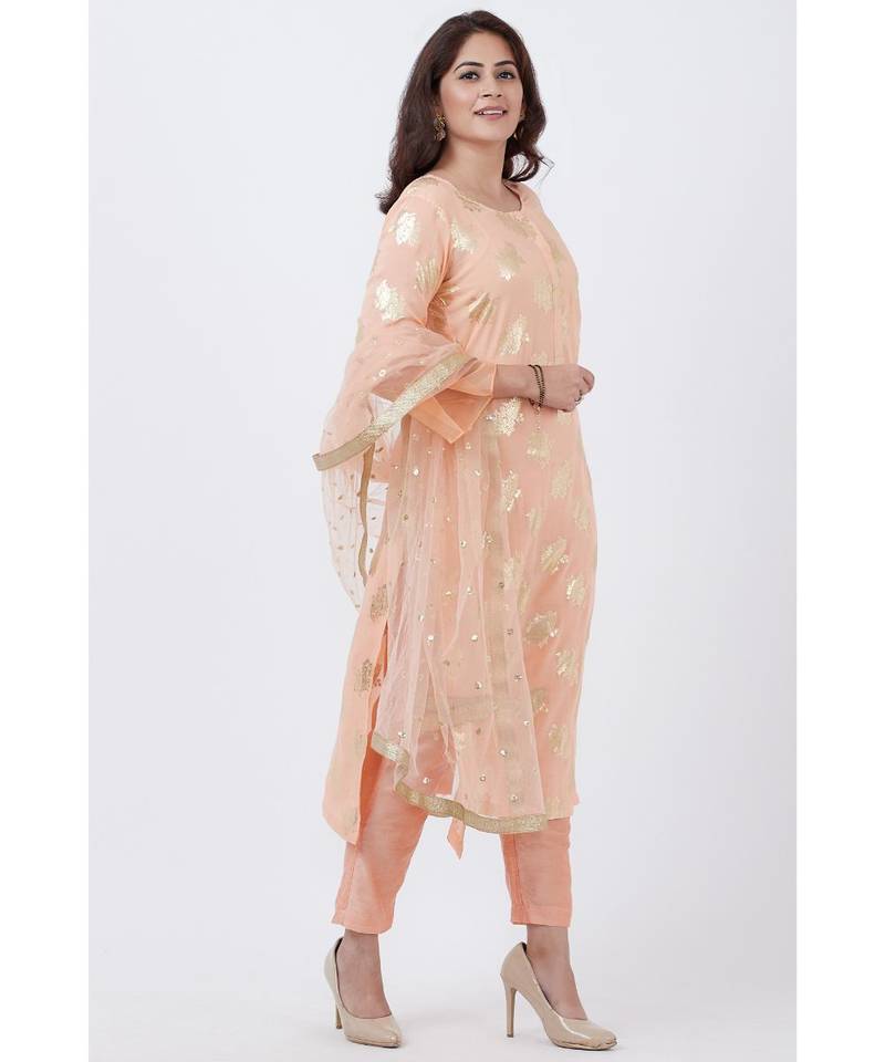 Peach Floral Foil Print Kurti with Straight Pants and Net Sequins Dupatta