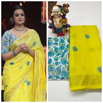 yellow Digital printed Linen partywear Bollywood saree with blouse 1