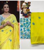 yellow Digital printed Linen partywear Bollywood saree with blouse