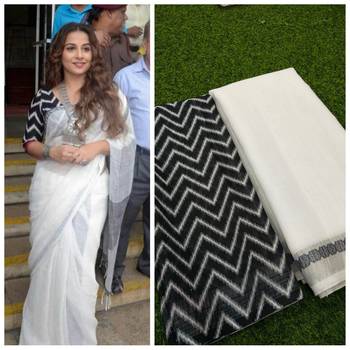 White Digital printed Linen partywear Bollywood saree with blouse 1