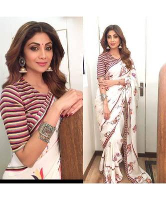 off-white Digital Printed georgrtte Partywear Bollywood saree with blouse 1