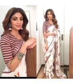 off-white Digital Printed georgrtte Partywear Bollywood saree with blouse