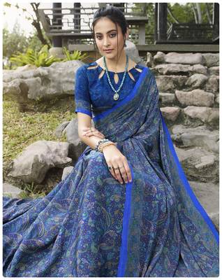  multicolor printed crepe saree with blouse 2